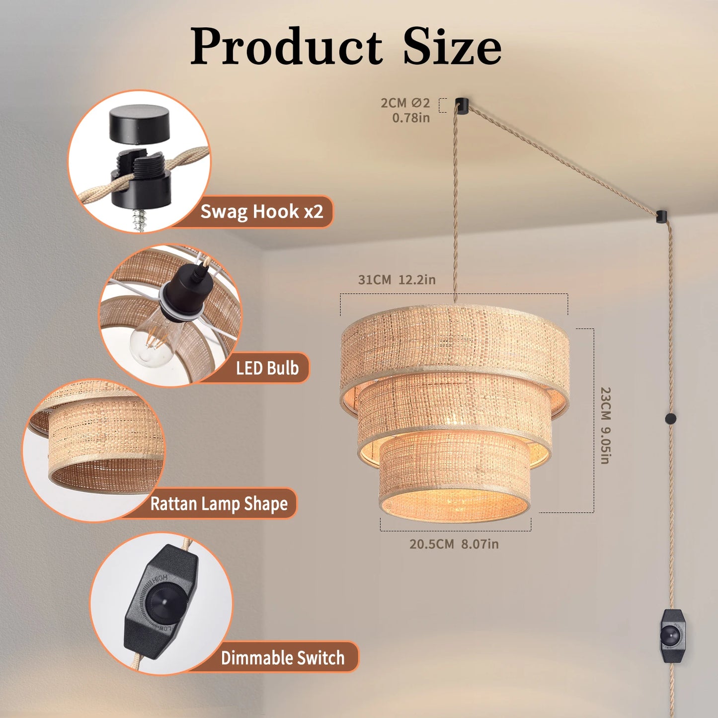 Rattan Plug In Pendant Light Three Tier Boho Chandelier