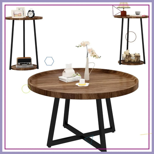 Vintage Wood Coffee Table Set With Round End Tables Easy Assembly