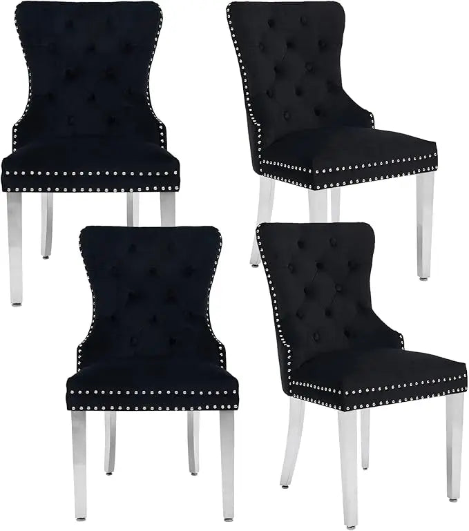 Velvet Tufted Dining Chairs With Pull Ring And Steel Legs