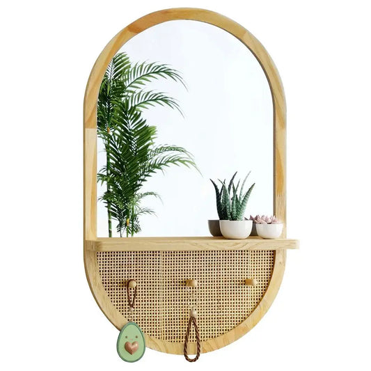 Boho Wall Mirror With Removable Shelf Oval Wood Frame Hooks