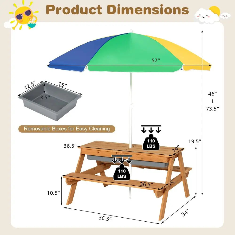 Cedar Kids Picnic Table With Sand And Water Umbrella