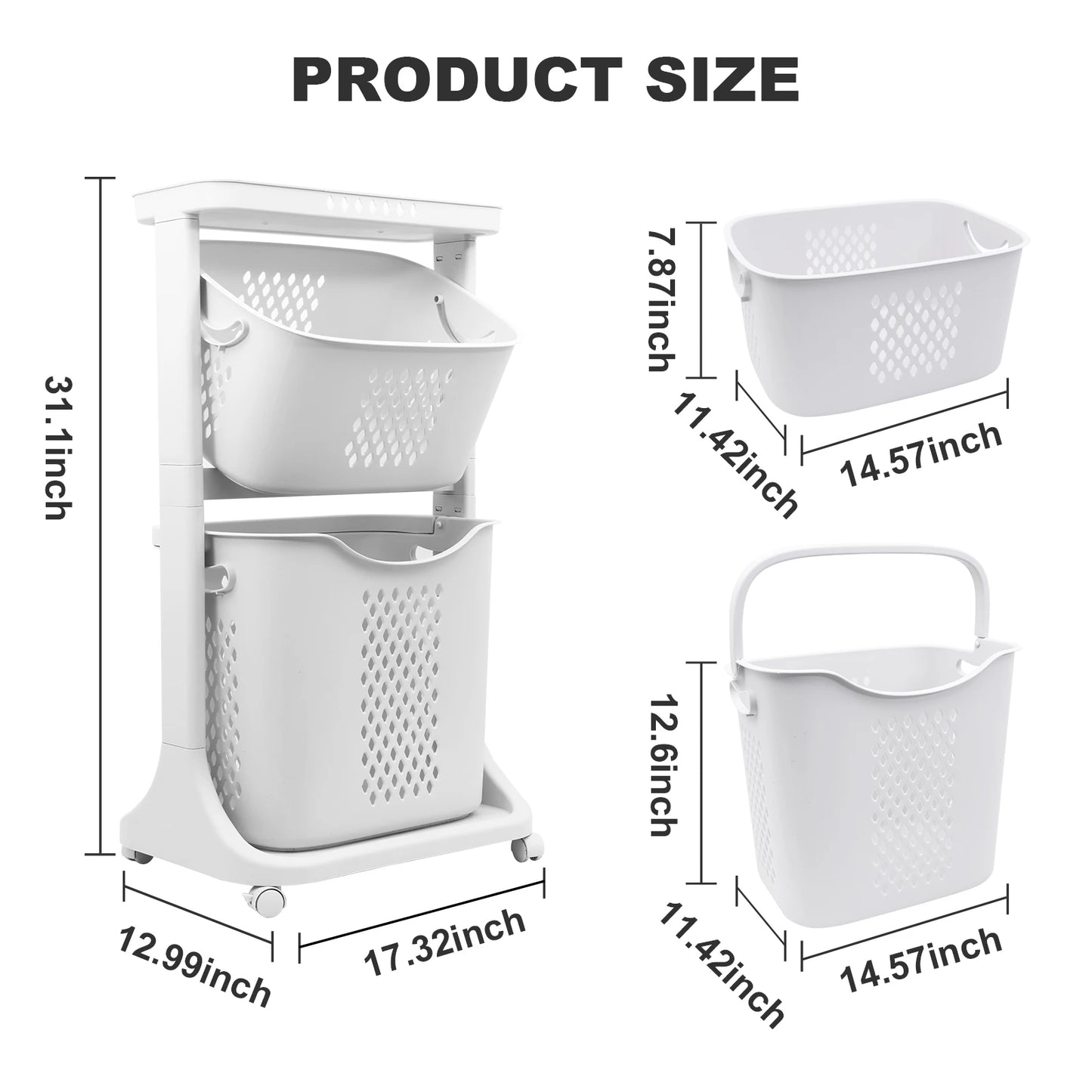 Two To Four Tier Rolling Laundry Cart With Removable Buckets