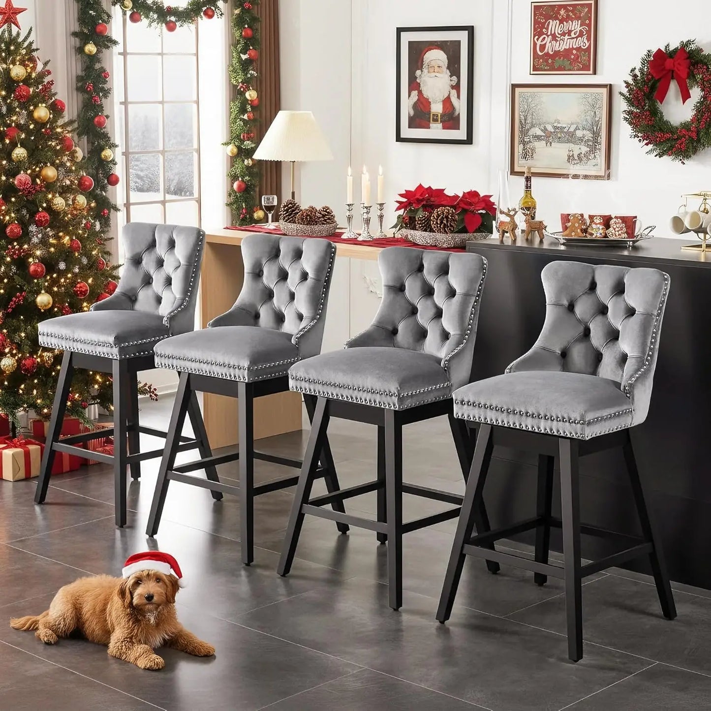Swivel Bar Stools Set of 4 with Back Velvet Upholstery