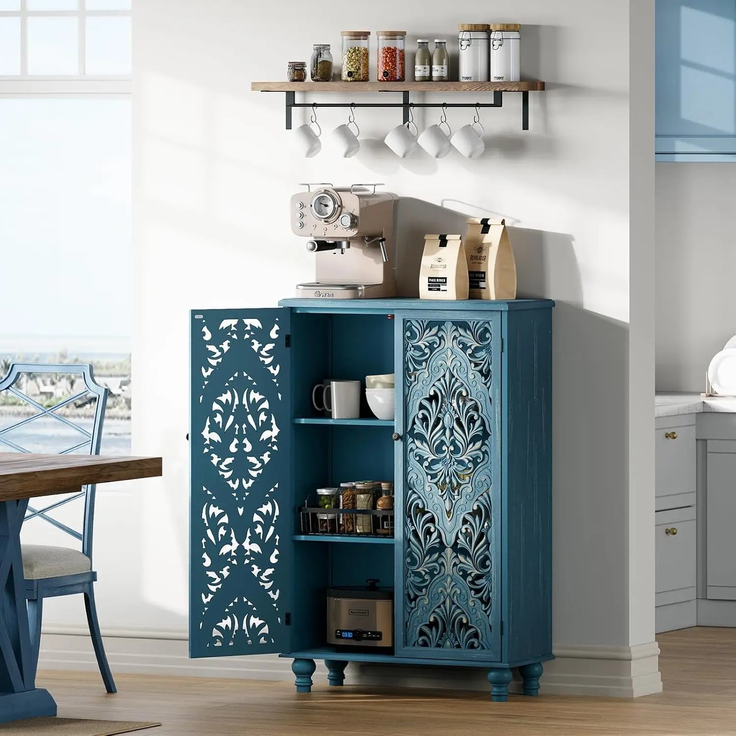 Mandala Carved Door Accent Cabinet With Solid Wood Legs Storage