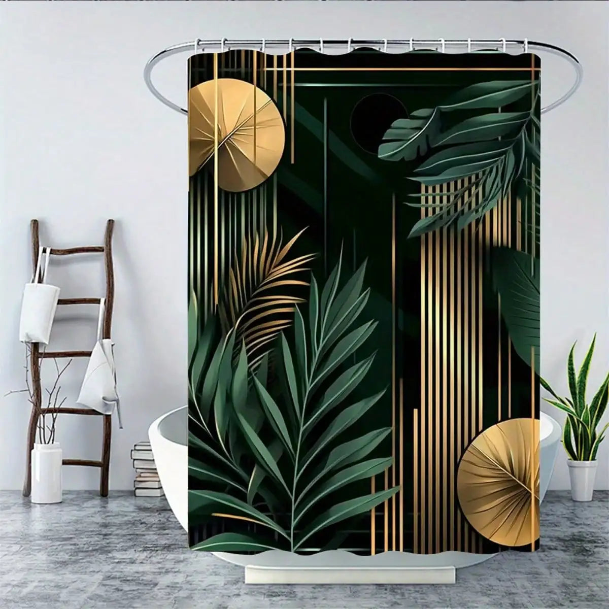 Bohemian Style Tropical Leaf Shower Curtain Set With Bath Rugs
