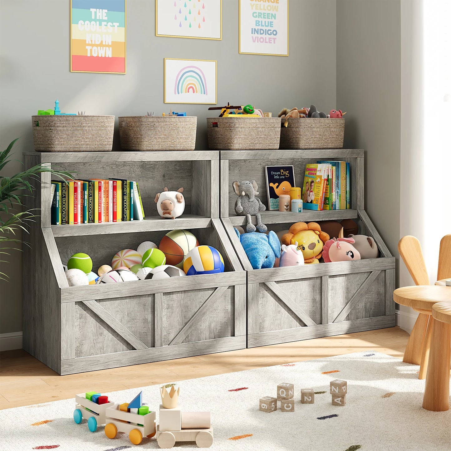 Wooden Kids Bookshelf With Cubby Toy Storage Organizer