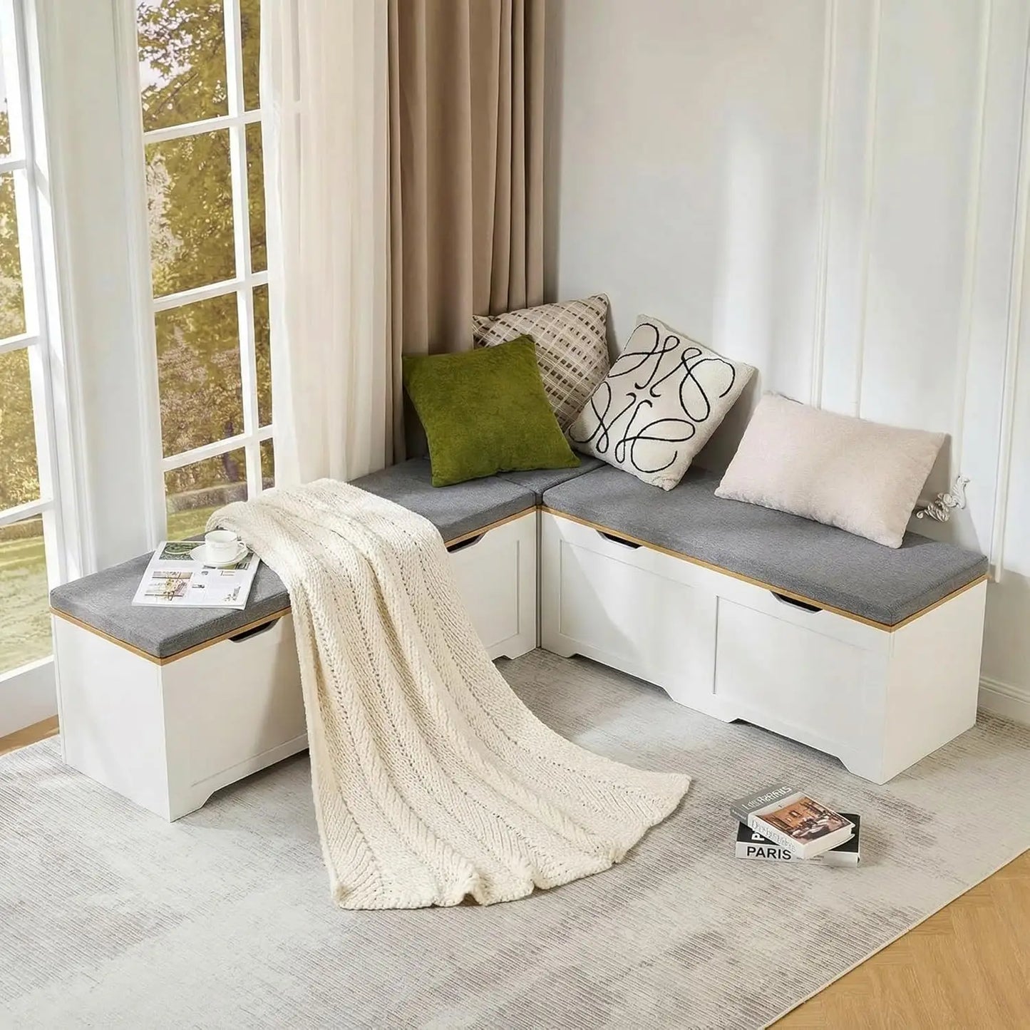 L-Shaped Bench With Cushion And Hidden Storage For Breakfast Nook