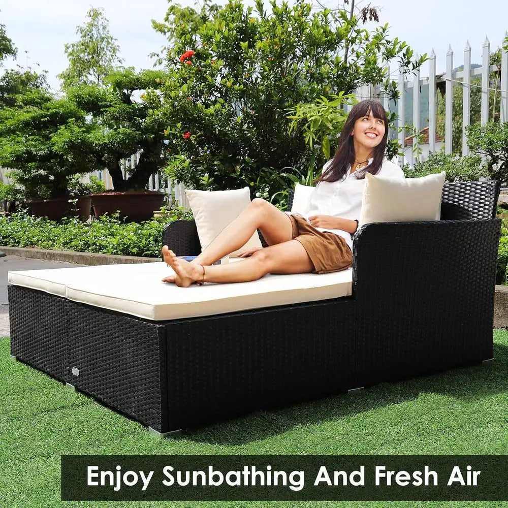 Rattan Daybed With Cushioned Loveseat And Pillows For Outdoor Patio Courtyard