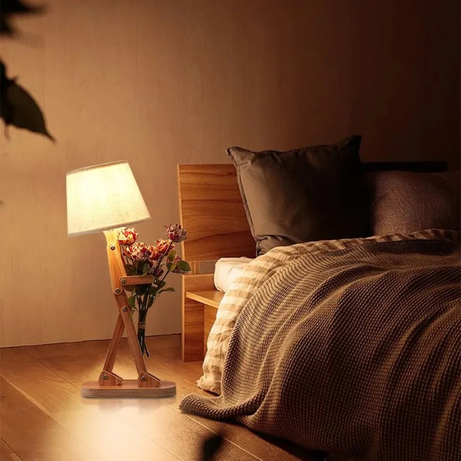 Cute Desk Lamp Robot Themed Bedside Light With Wood Arm
