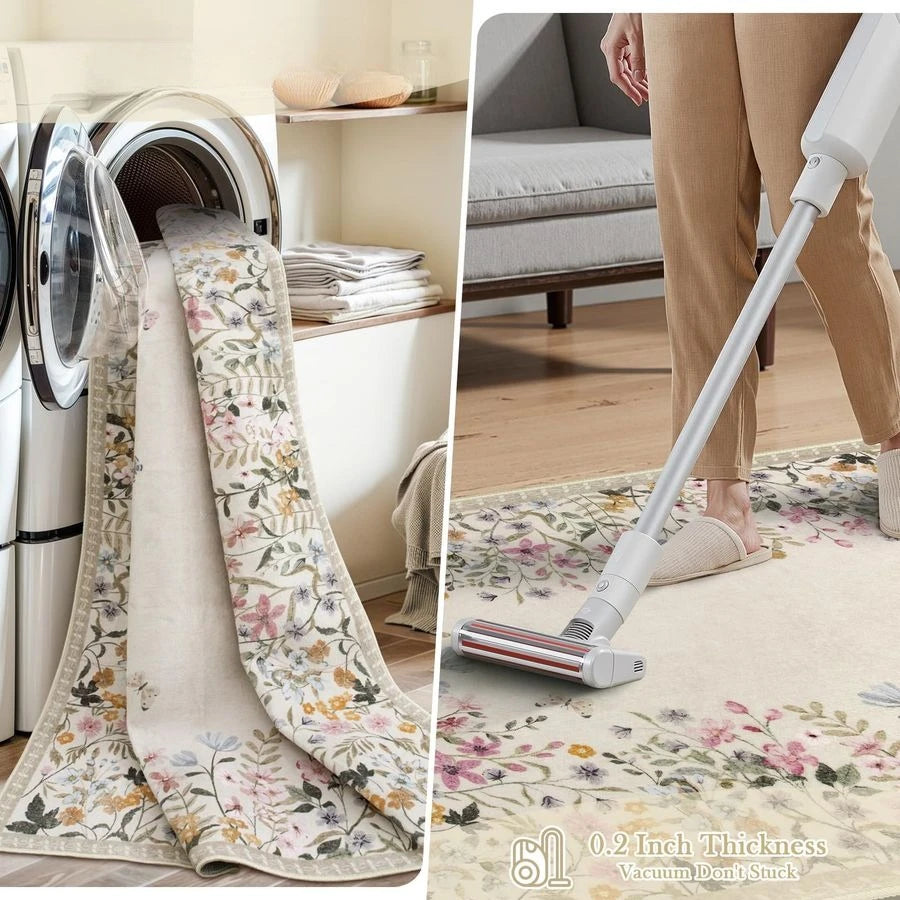 Floral Washable Area Rug for Bedroom and Living Room NonSlip