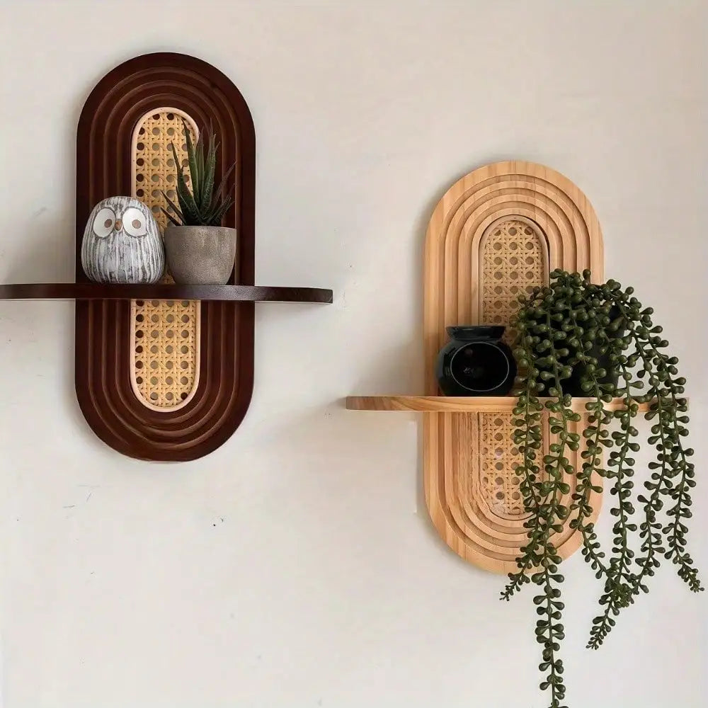 Arched Bohemian Wood Rattan Floating Shelf For Living Room