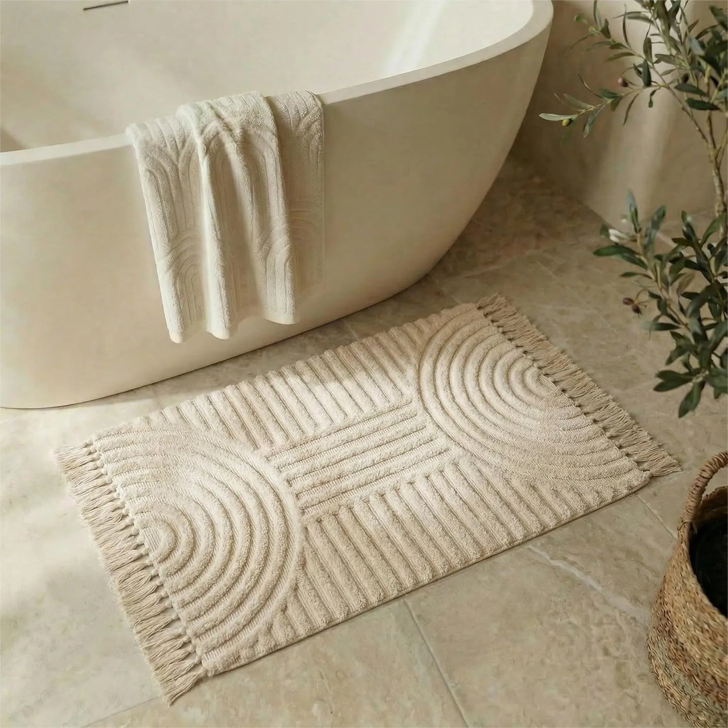 Boho Tassel Cotton Bath Rug Non Slip Mat For Bathroom