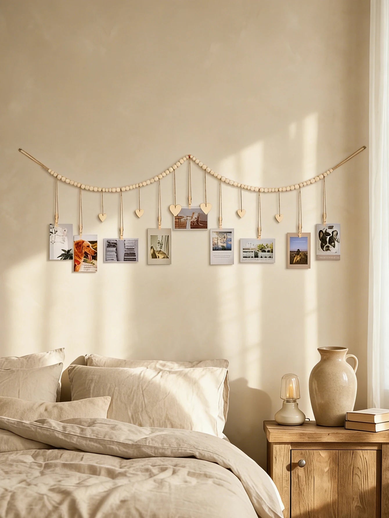 Wooden Bead Photo Garland With Heart Clips Wall Decor
