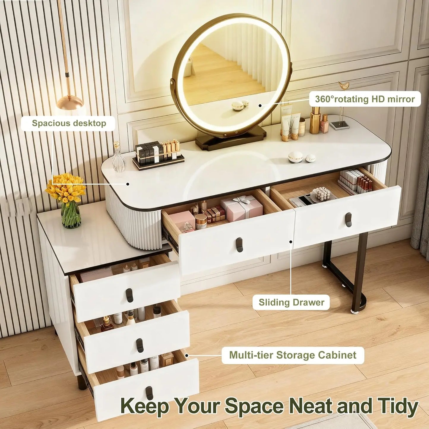 Vanity Desk With Round Mirror And Lights Modern Style Makeup Table