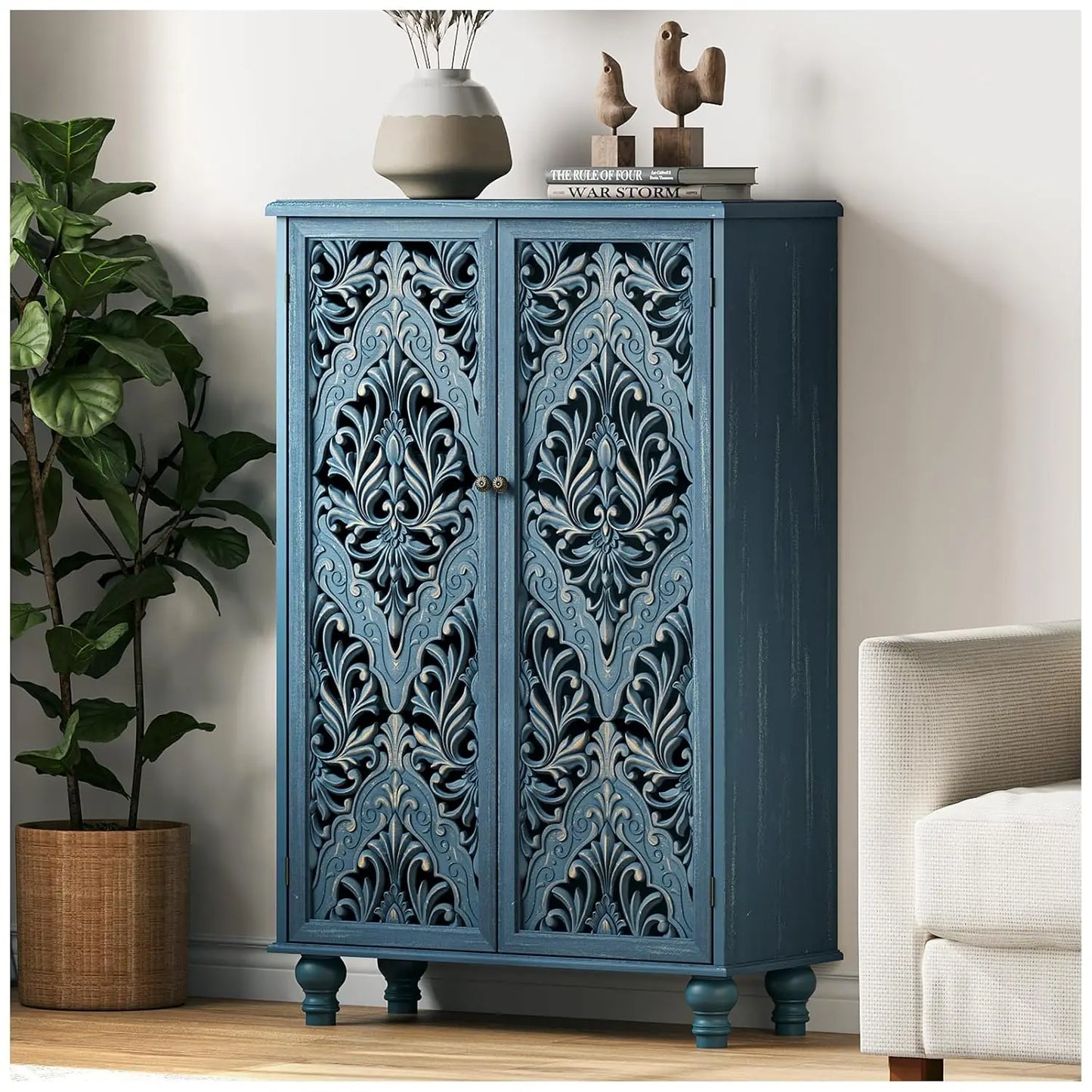 Mandala Carved Door Accent Cabinet With Solid Wood Legs