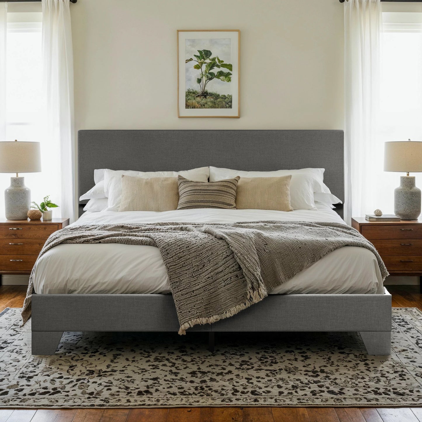 HOOMICH Upholstered Bed Frame With Adjustable Headboard Soft Linen Fabric