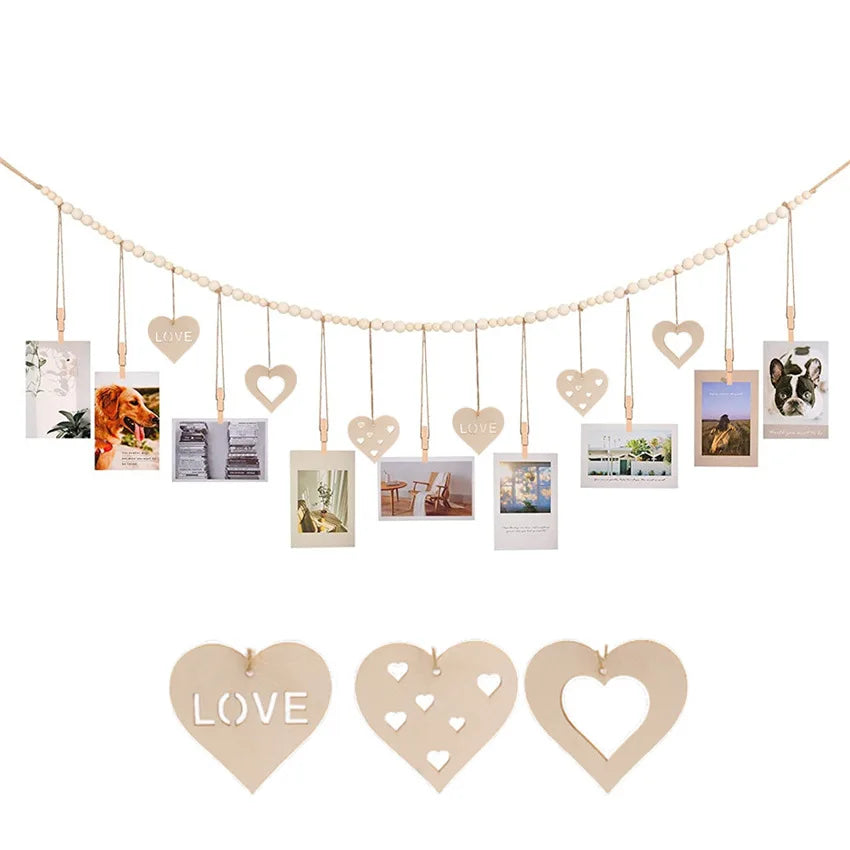 Wooden Bead Garland Hanging Photo Display Wall Decor