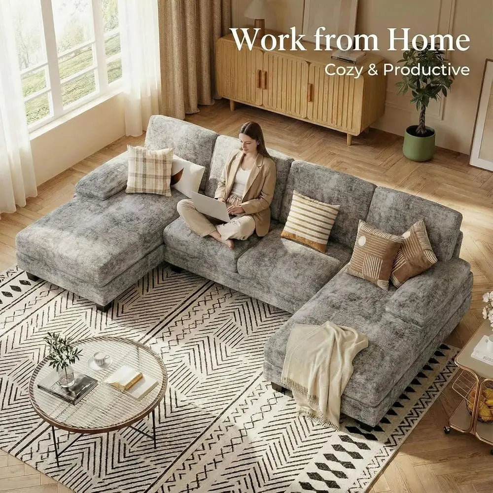 L Shaped Sectional Sofa Chenille Set for Living Room