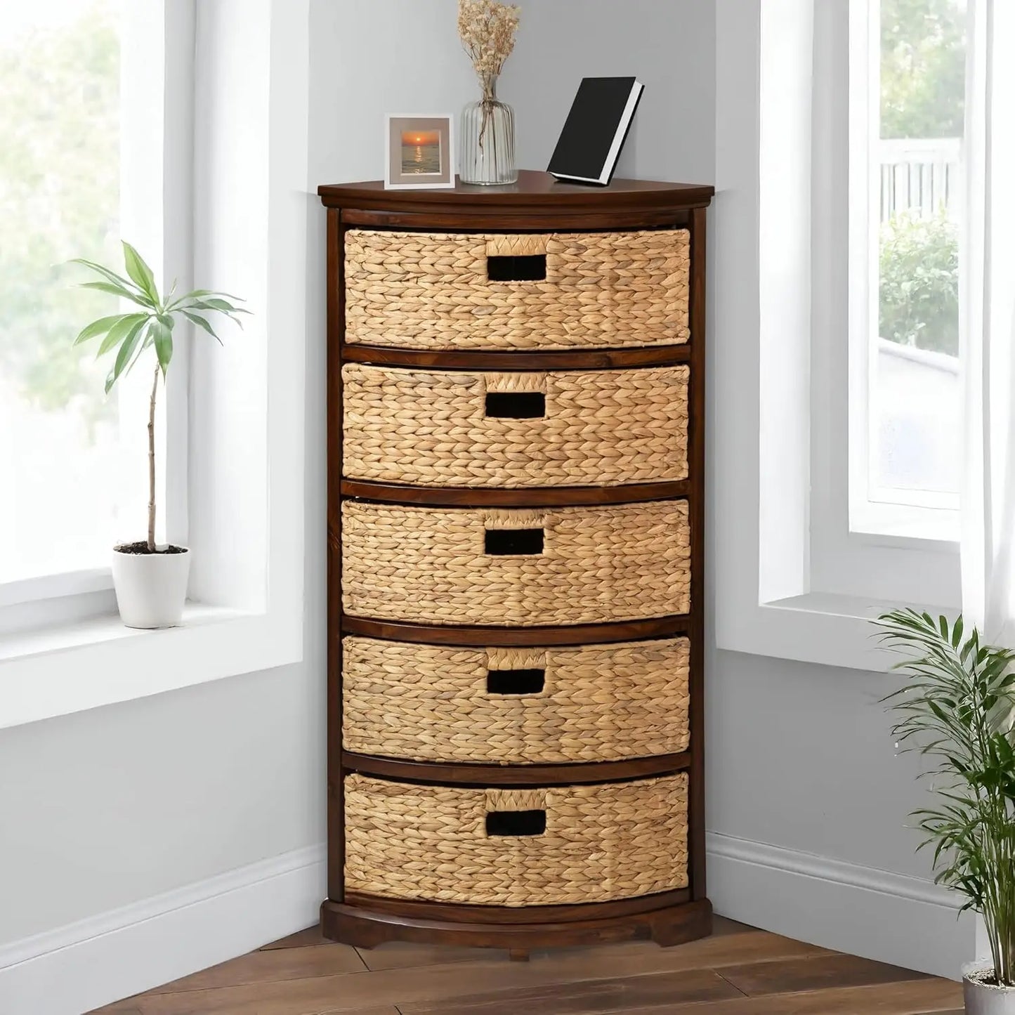 X Side 5 Tier Corner Storage Cabinet With Wicker Baskets