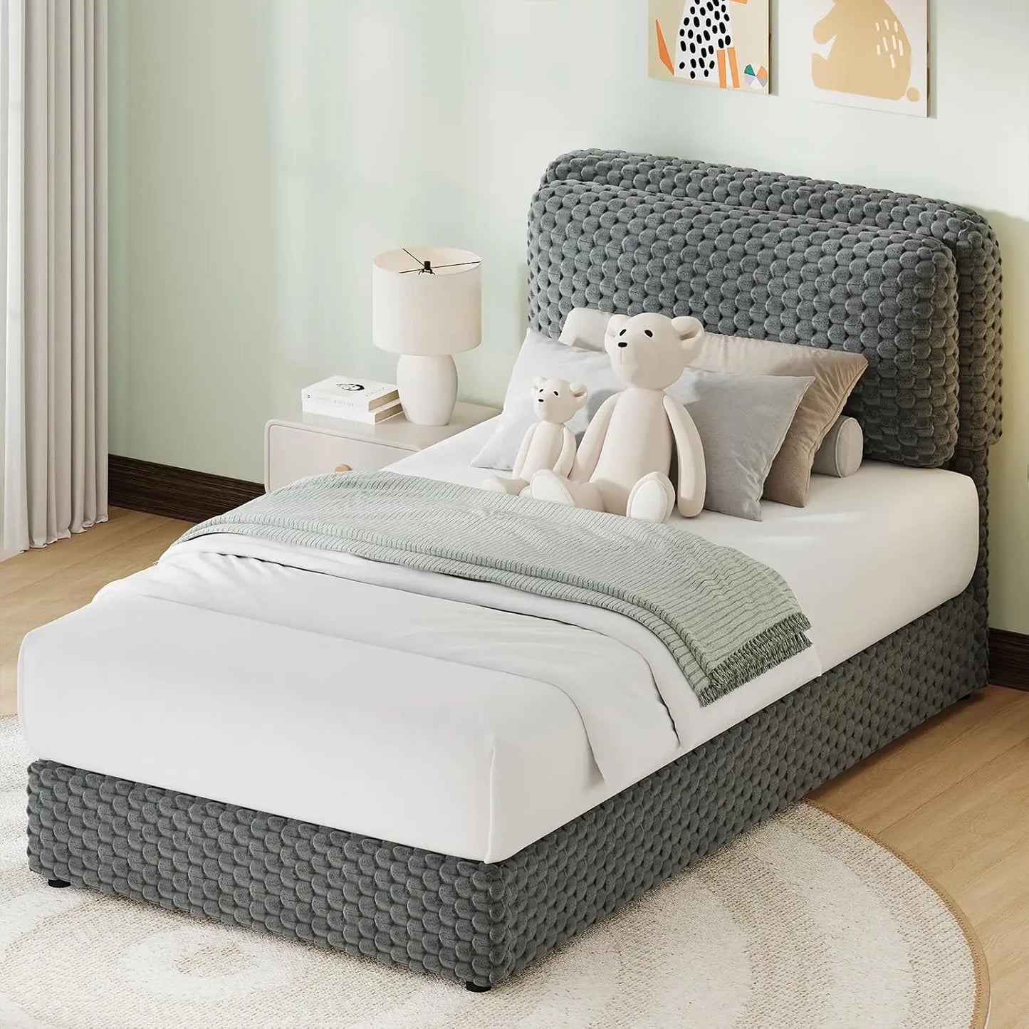 Corduroy Upholstered Platform Bed Frame With Soft Headboard And Slats