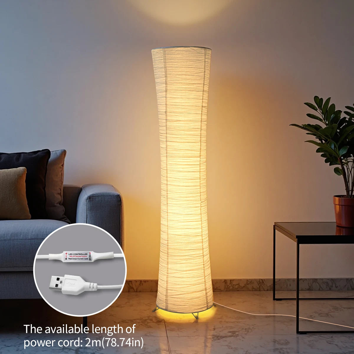 Paper Floor Lamp With Chrome Stand And LED Light Strip