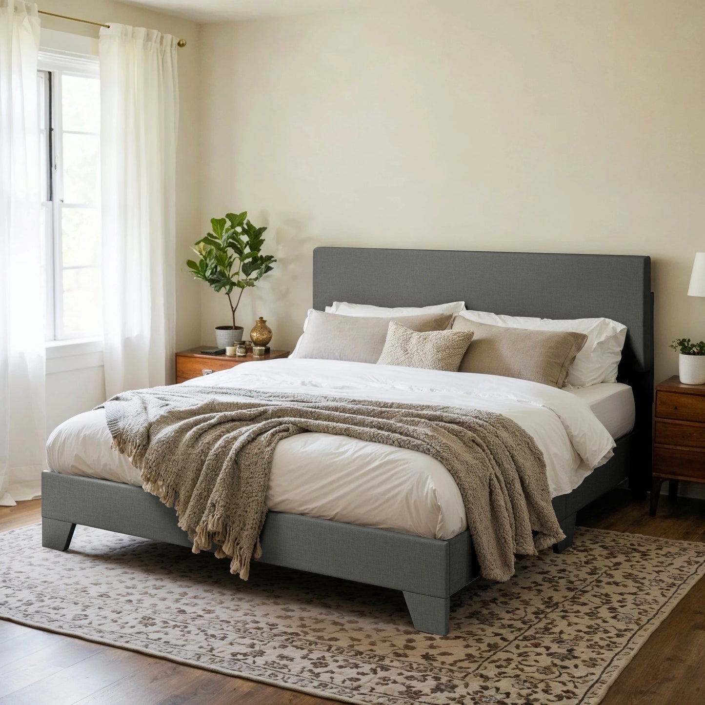 HOOMICH Upholstered Bed Frame With Adjustable Headboard Soft Linen Fabric