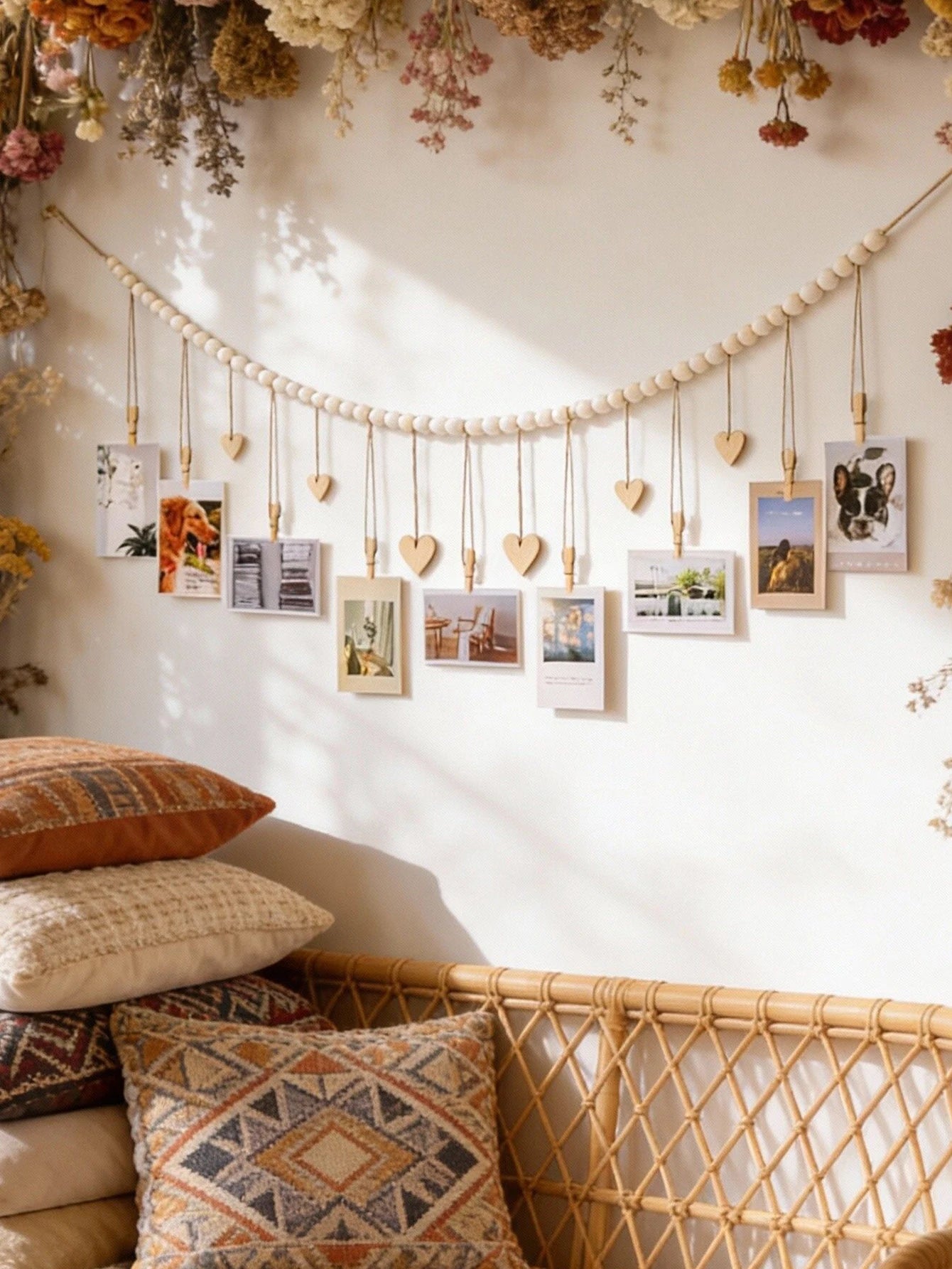 Wooden Bead Photo Garland With Heart Clips Wall Decor