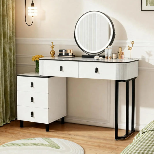 Vanity Desk With Round Mirror And Lights Modern Style Makeup Table