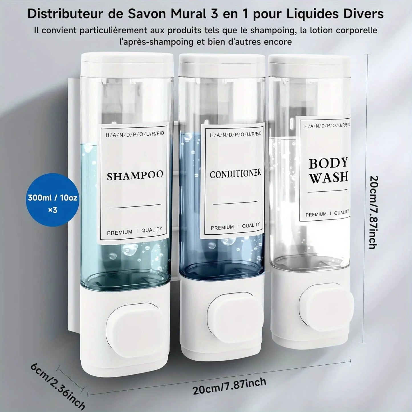 Wall Mounted 3-In-1 Shampoo Conditioner Soap Dispenser No Drilling ABS