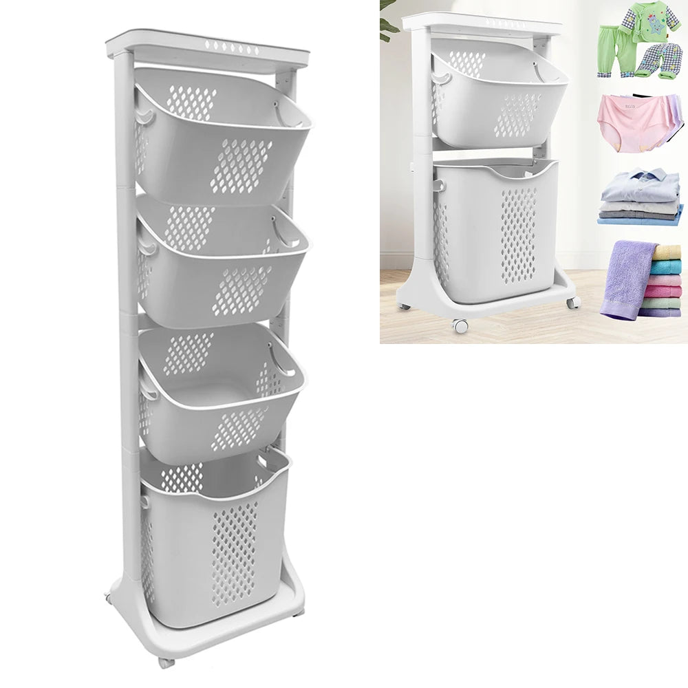 Two To Four Tier Rolling Laundry Cart With Removable Buckets