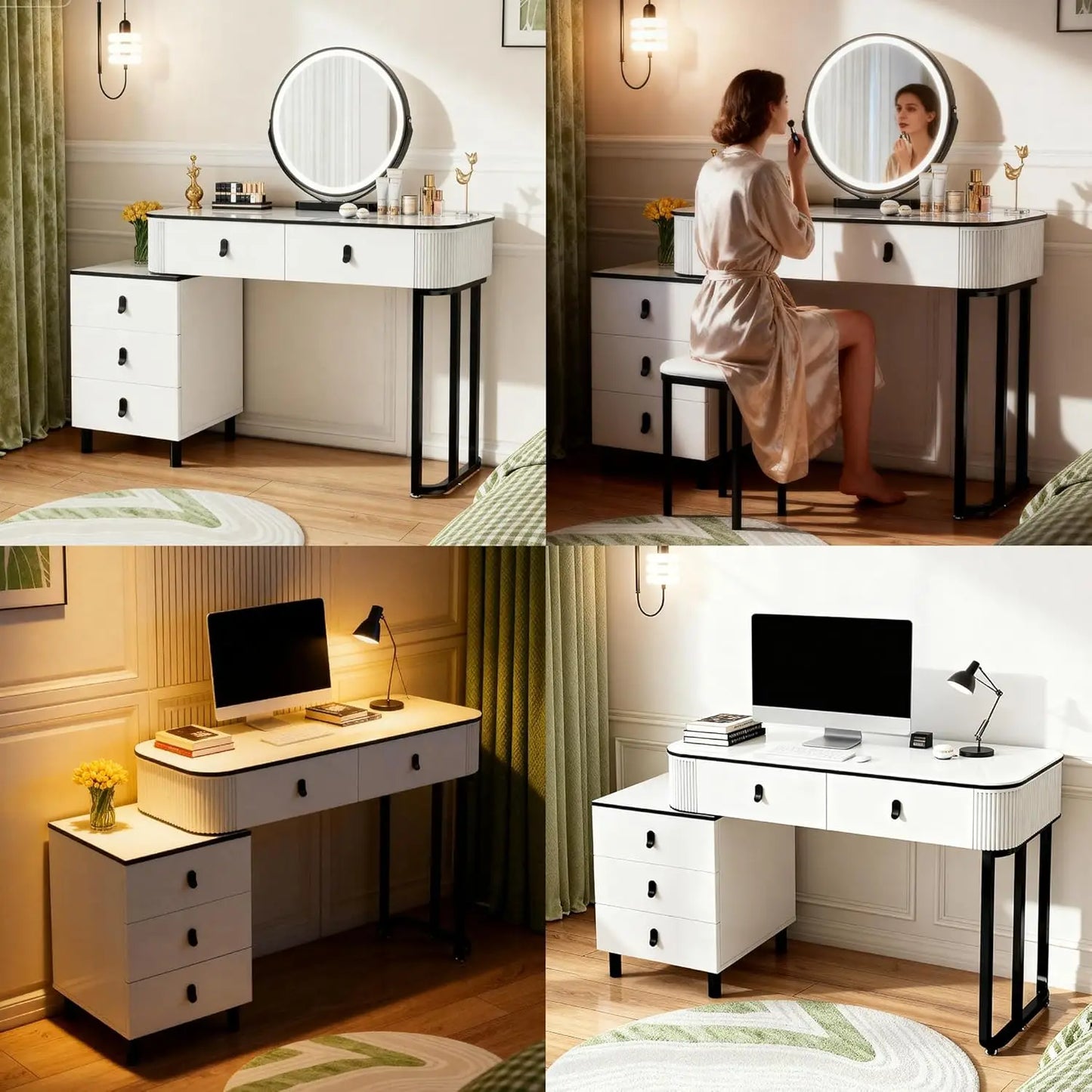 Vanity Desk With Round Mirror And Lights Modern Style Makeup Table