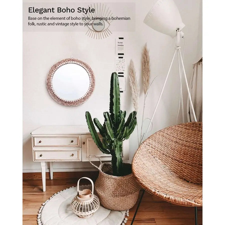 Boho Wall Mounted Round Rattan Mirror for Home Decor