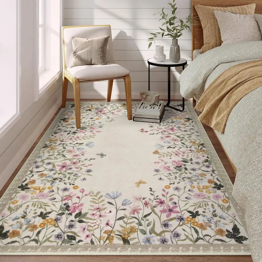Floral Washable Area Rug for Bedroom and Living Room NonSlip