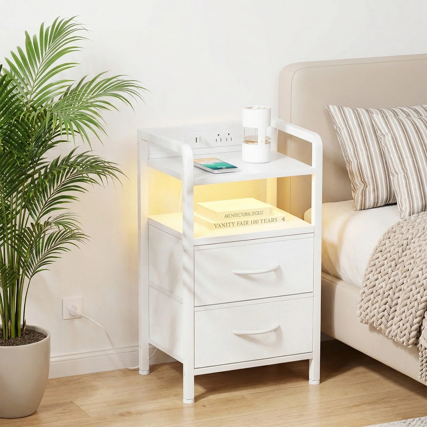 HiMISSD Industrial Patio Side Table With 2 Drawers And Charging