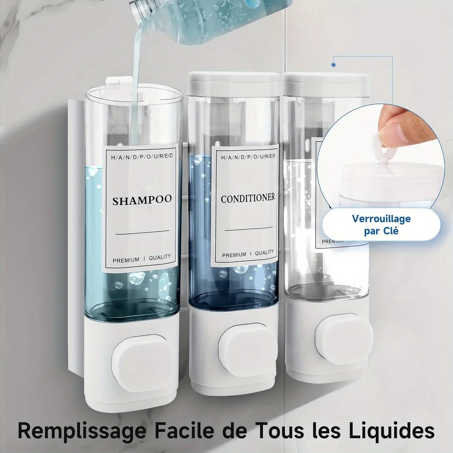 Wall Mounted 3-In-1 Shampoo Conditioner Soap Dispenser No Drilling ABS