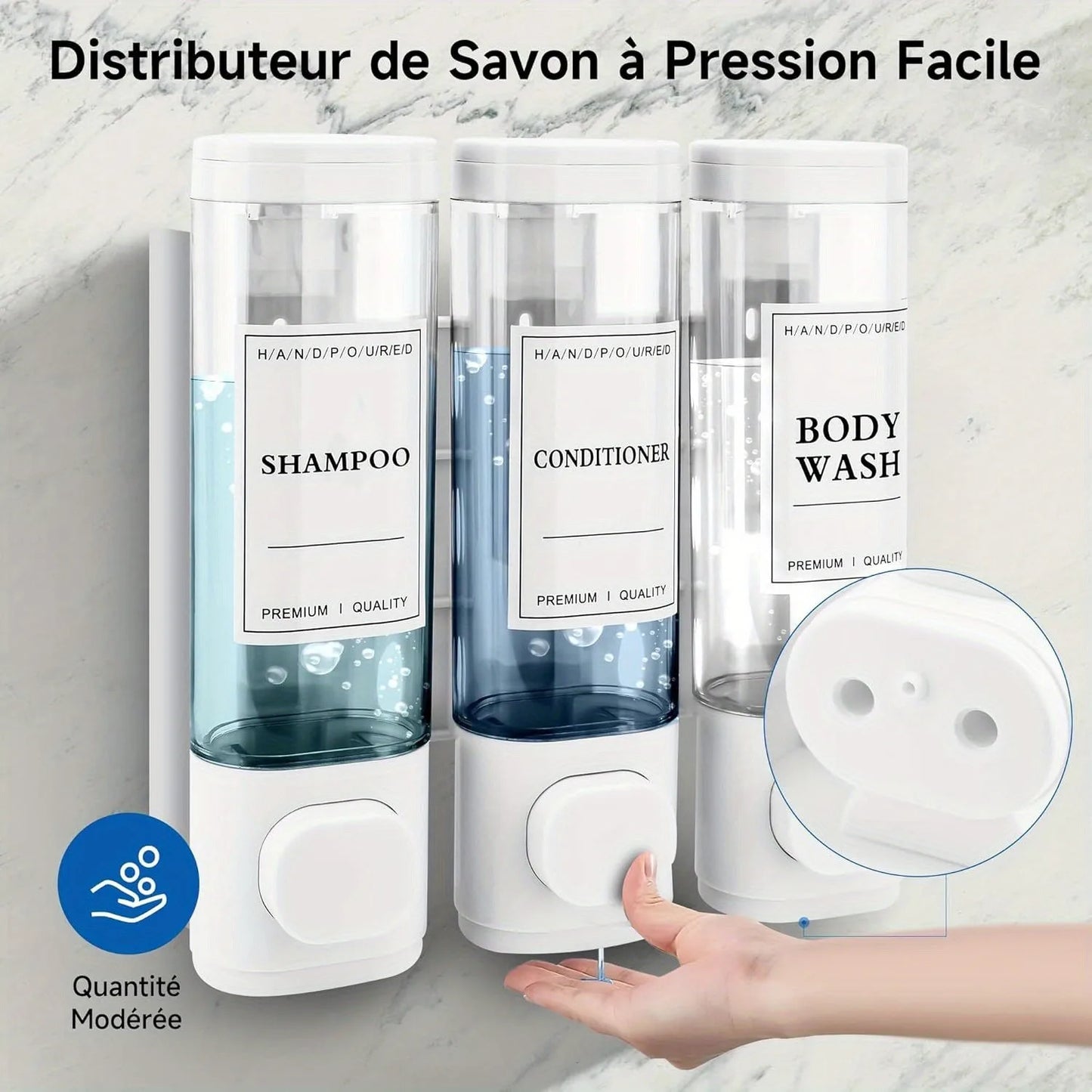 Wall Mounted 3-In-1 Shampoo Conditioner Soap Dispenser No Drilling ABS