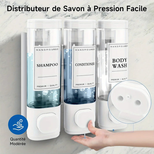 Wall Mounted 3-In-1 Shampoo Conditioner Soap Dispenser No Drilling ABS