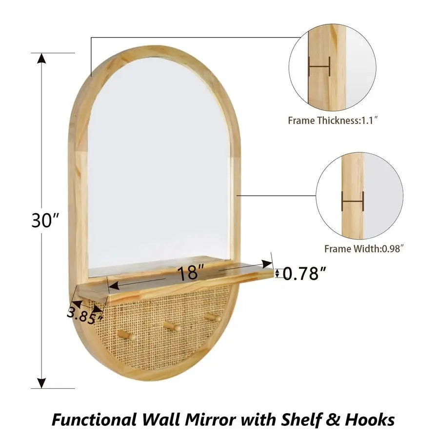 Boho Wall Mirror With Removable Shelf Oval Wood Frame Hooks