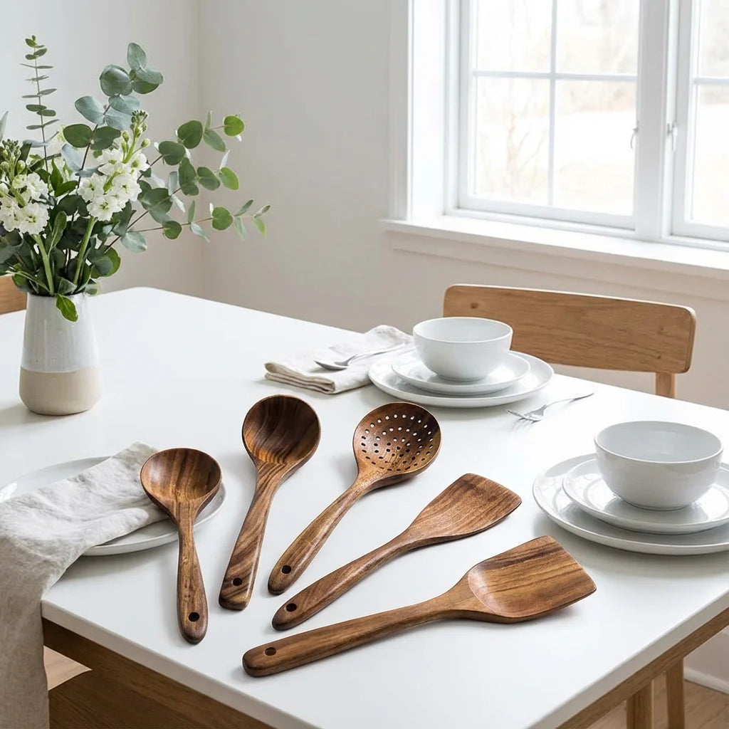 Acacia Wood Kitchen Utensil Set 5 Pieces Durable Pan Safe