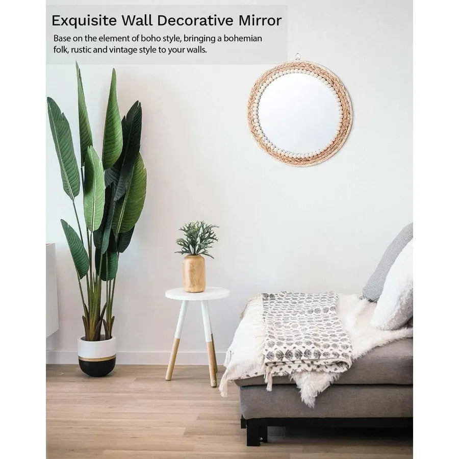 Boho Wall Mounted Round Rattan Mirror for Home Decor
