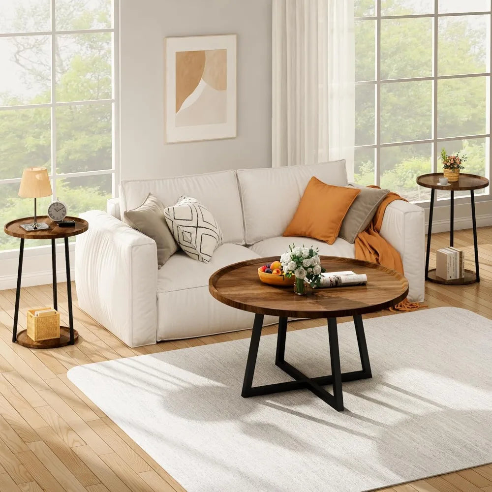 Vintage Wood Coffee Table Set With Round End Tables Easy Assembly