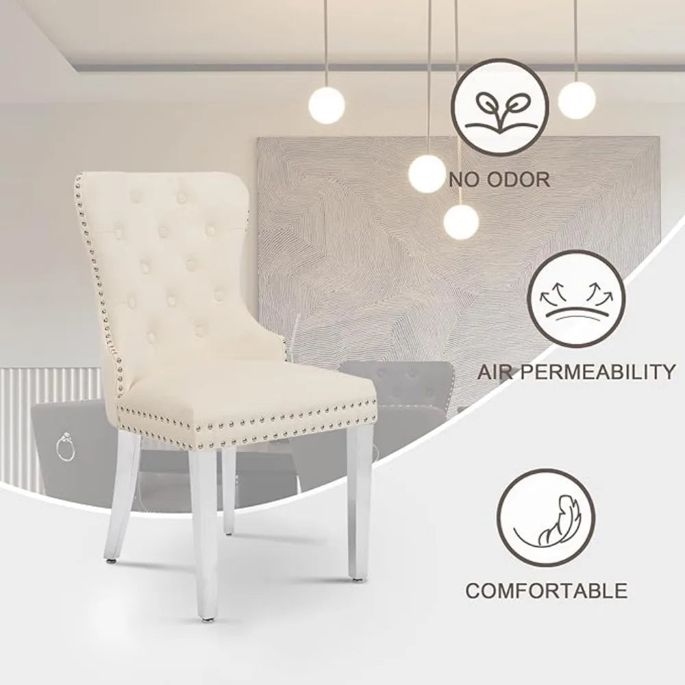 Velvet Tufted Dining Chairs With Pull Ring And Steel Legs