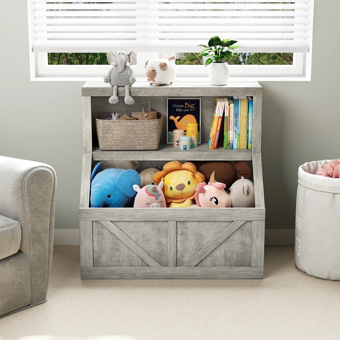 Wooden Kids Bookshelf With Cubby Toy Storage Organizer