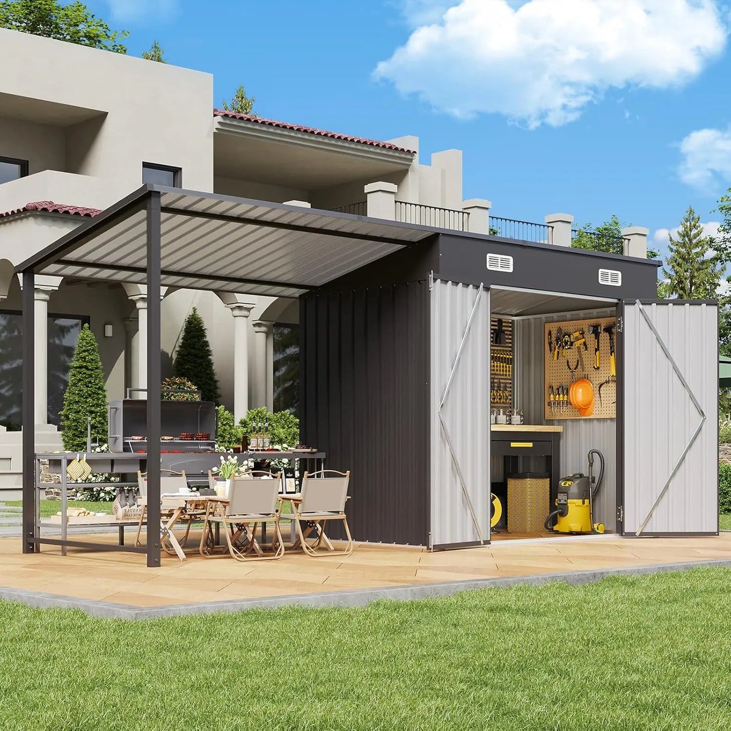 Metal Storage Shed Gazebo Combo 2 In 1 Leanto Organizer