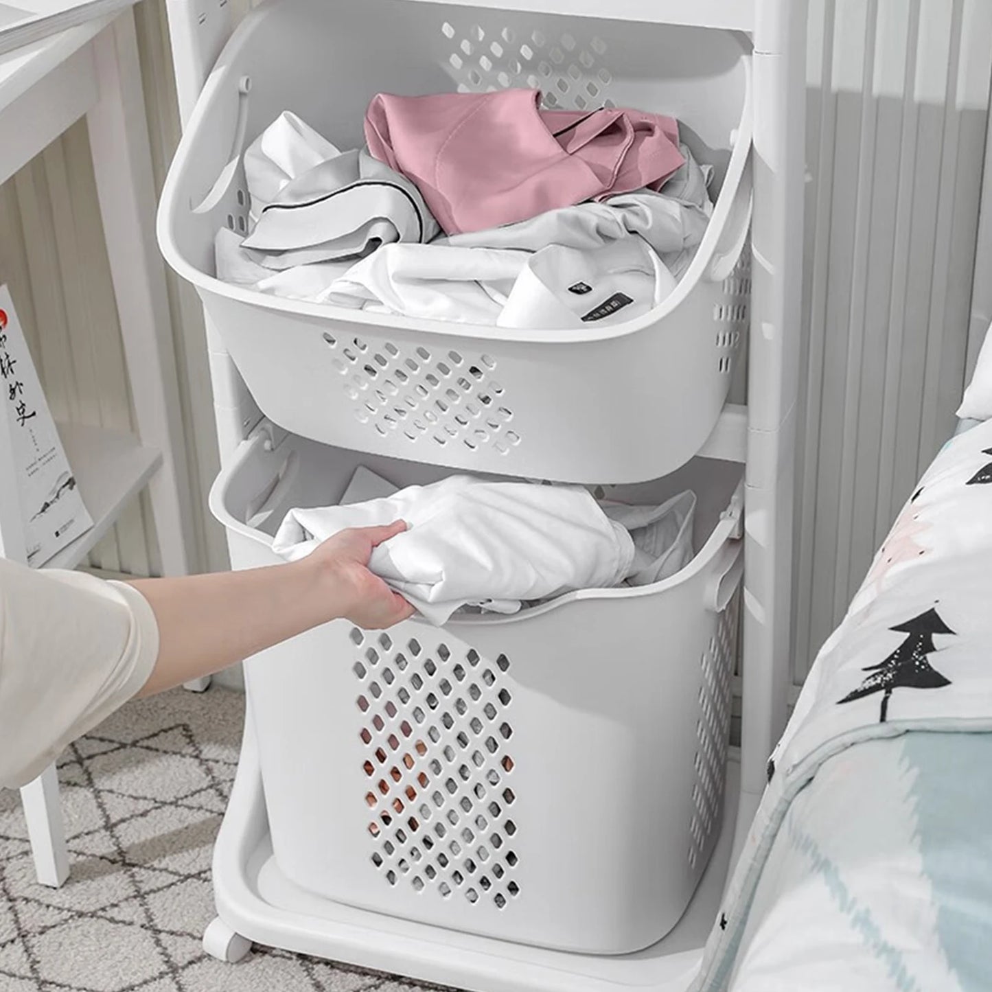 Two To Four Tier Rolling Laundry Cart With Removable Buckets