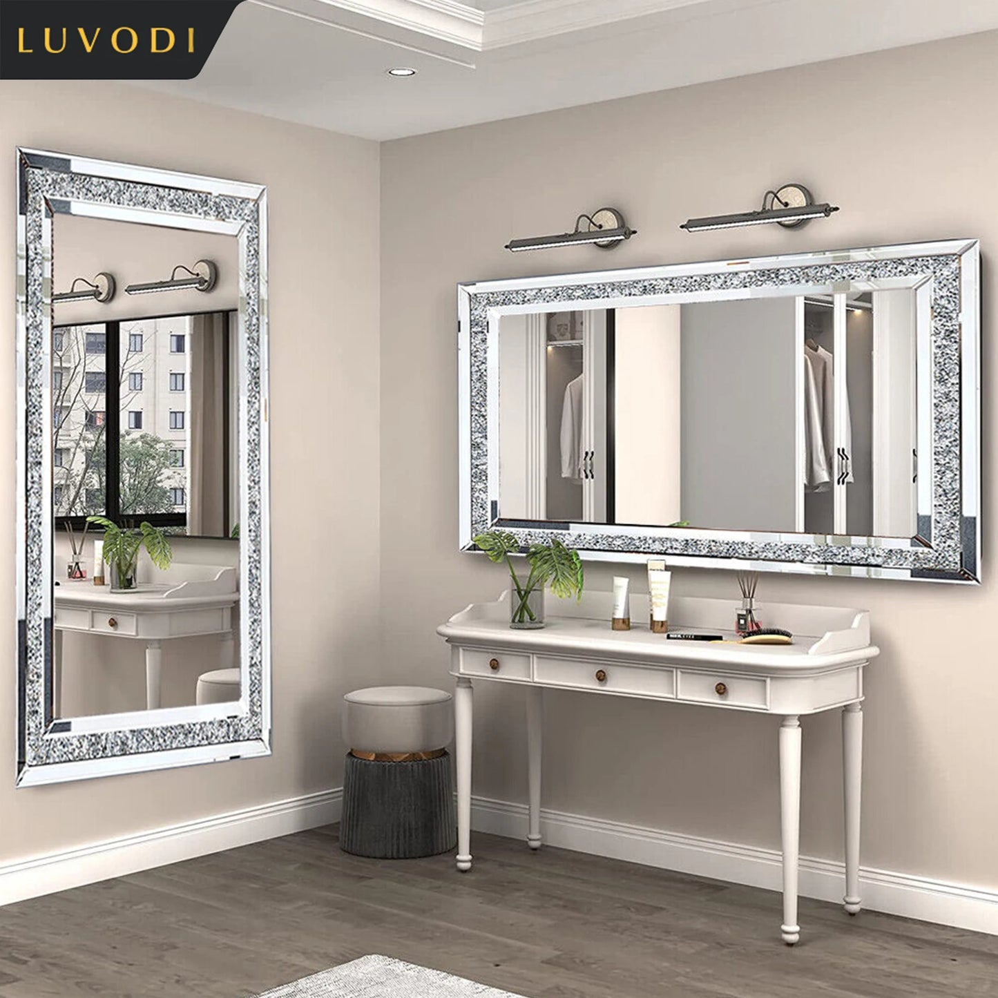 LUVODI Frameless Crystal Rhinestone Diamond Vanity Mirror Wall Mounted
