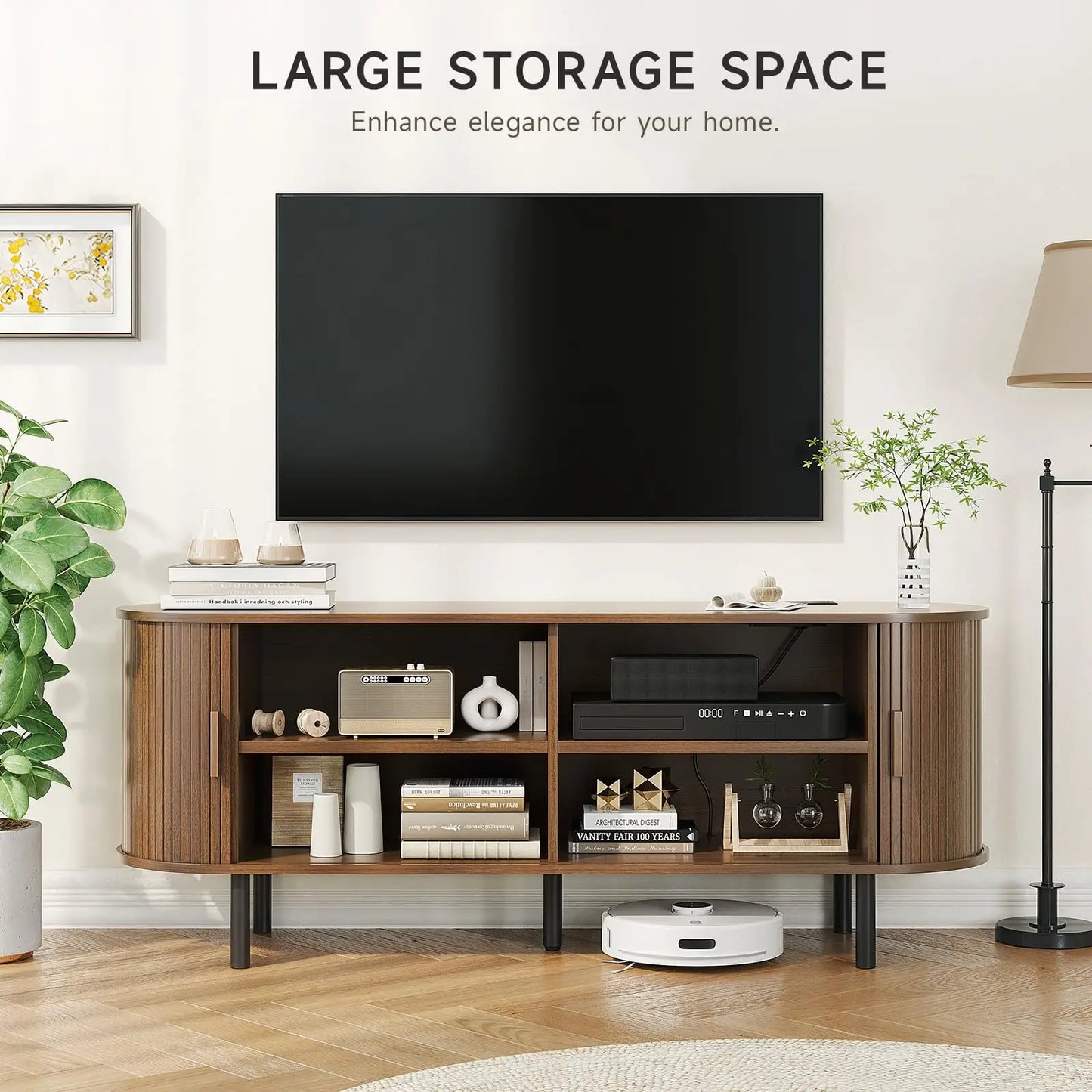 TV Stand With Power Outlet Sliding Doors Adjustable Shelves