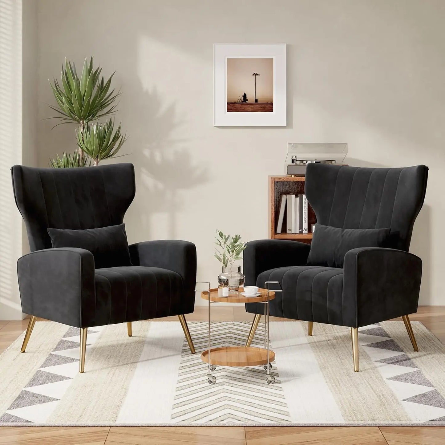 Velvet Wingback Accent Chair Set for Living Room Upholstered