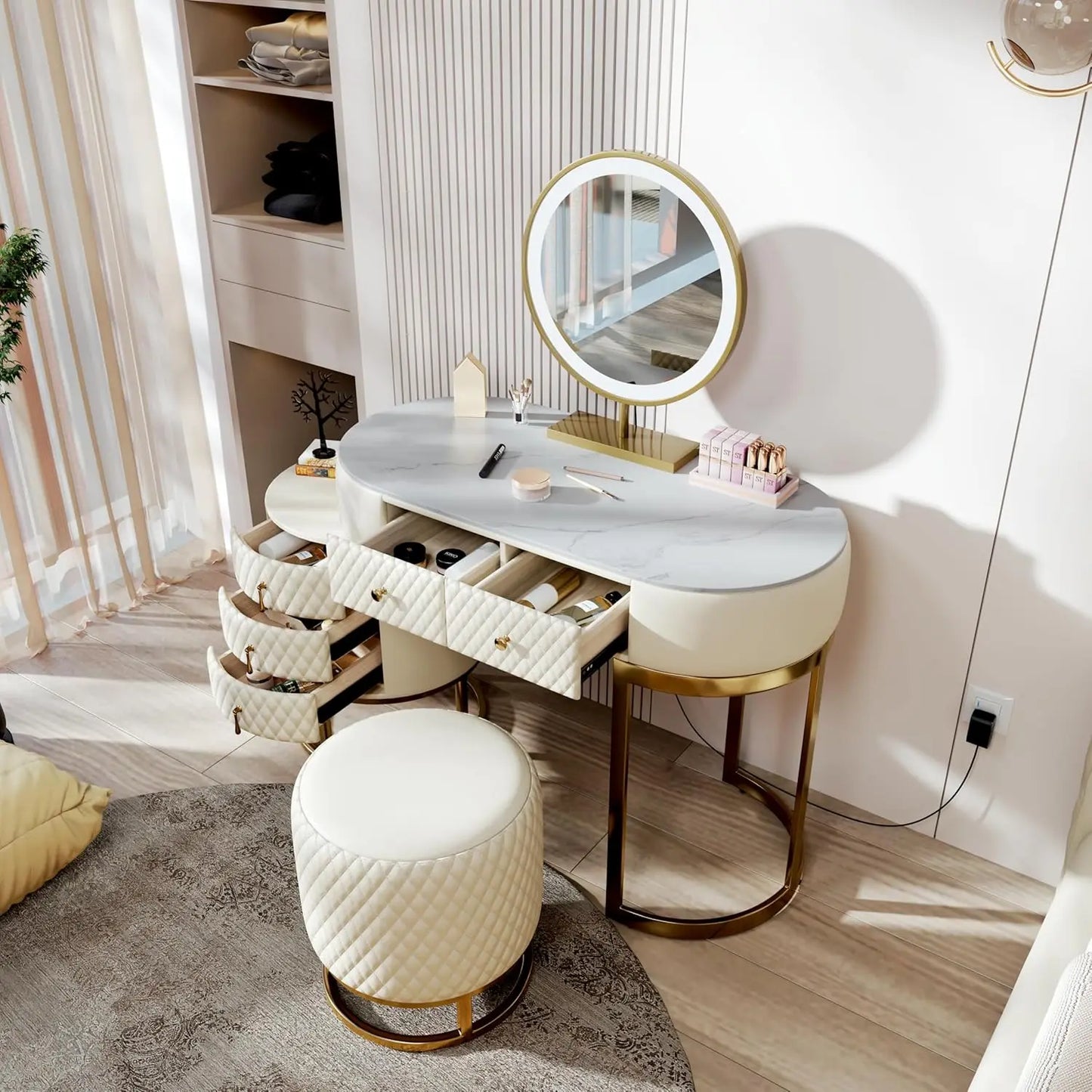 Modern Faux Leather Vanity Desk With HD Mirror And Lighting