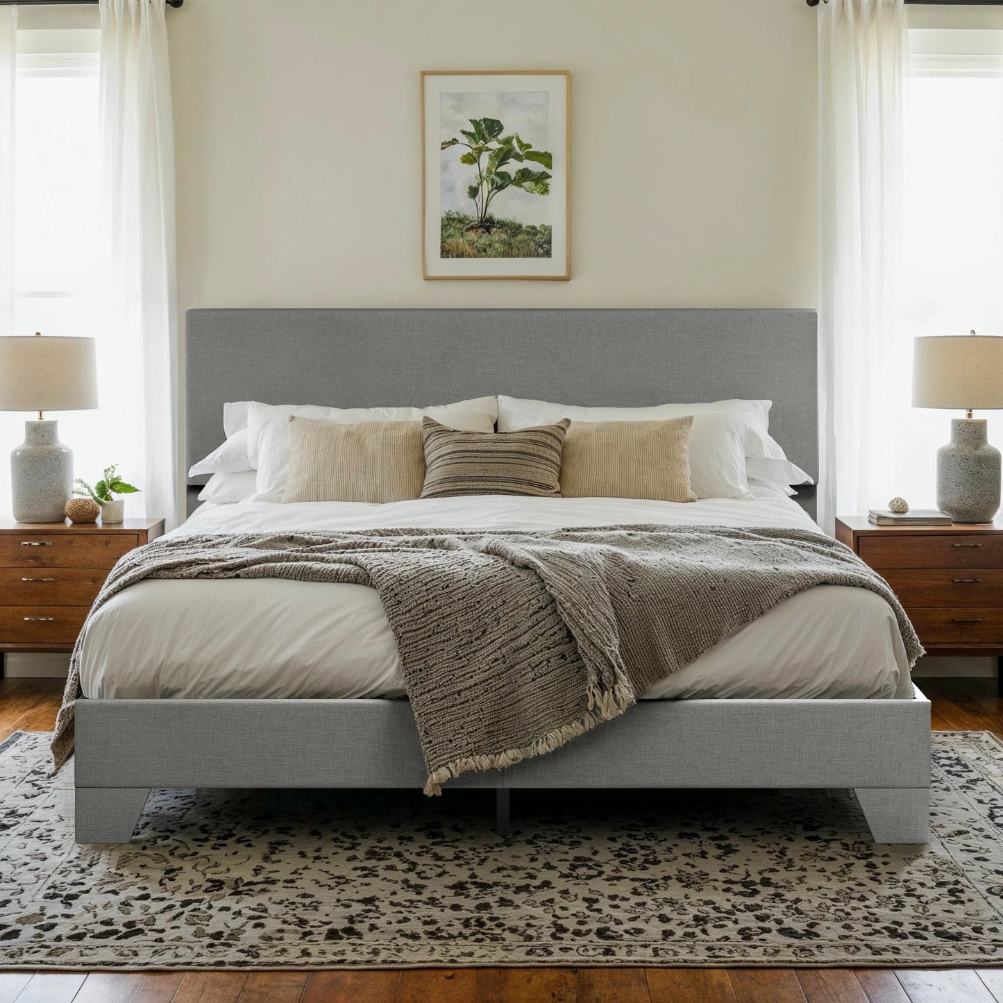 HOOMICH Upholstered Bed Frame With Adjustable Headboard Soft Linen Fabric